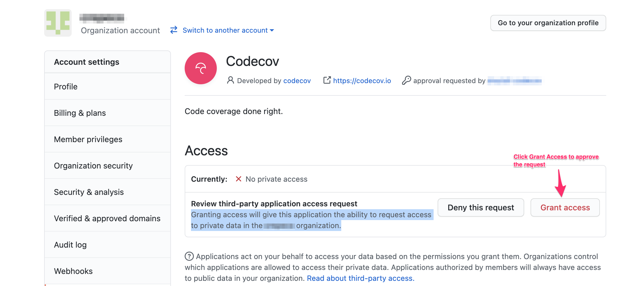 The Codecov application access approval page.
