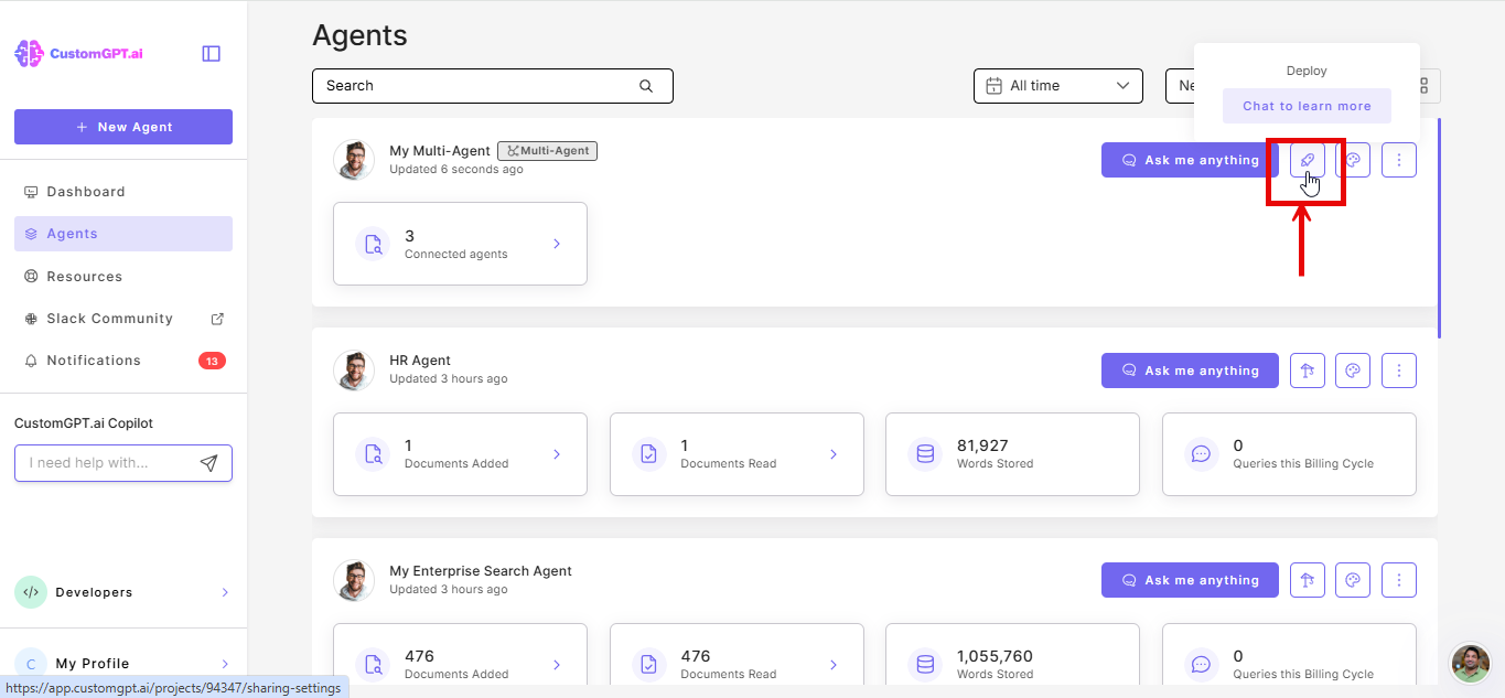 Deploy button on master agent 