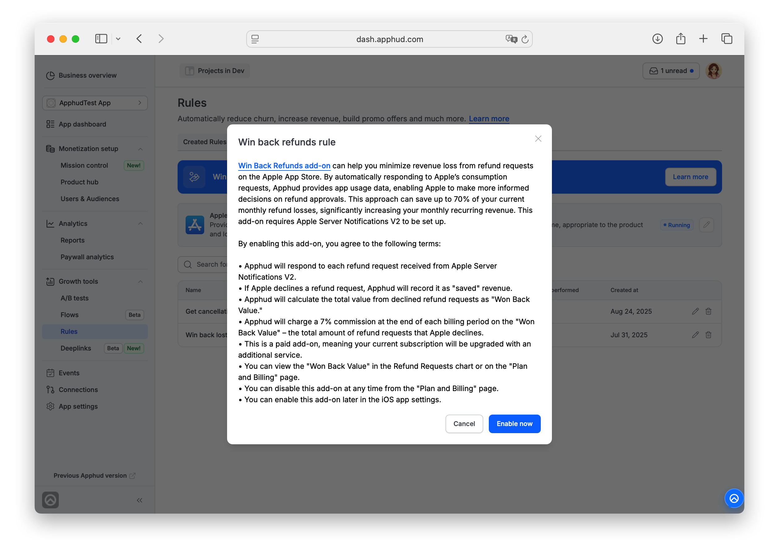 Apphud - Win back refunds rule modal with terms list and Enable now button