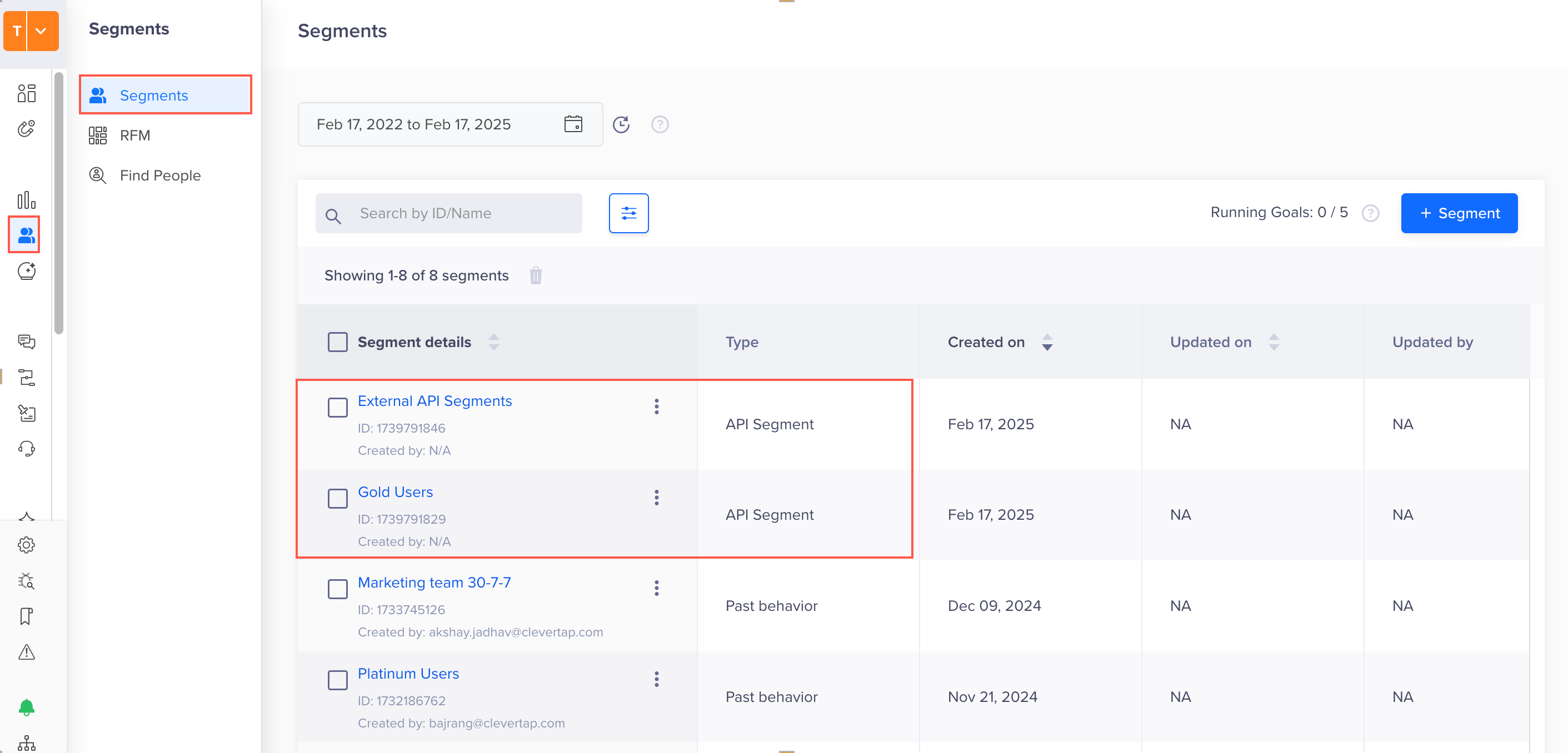 View API Segment on Segment List Page