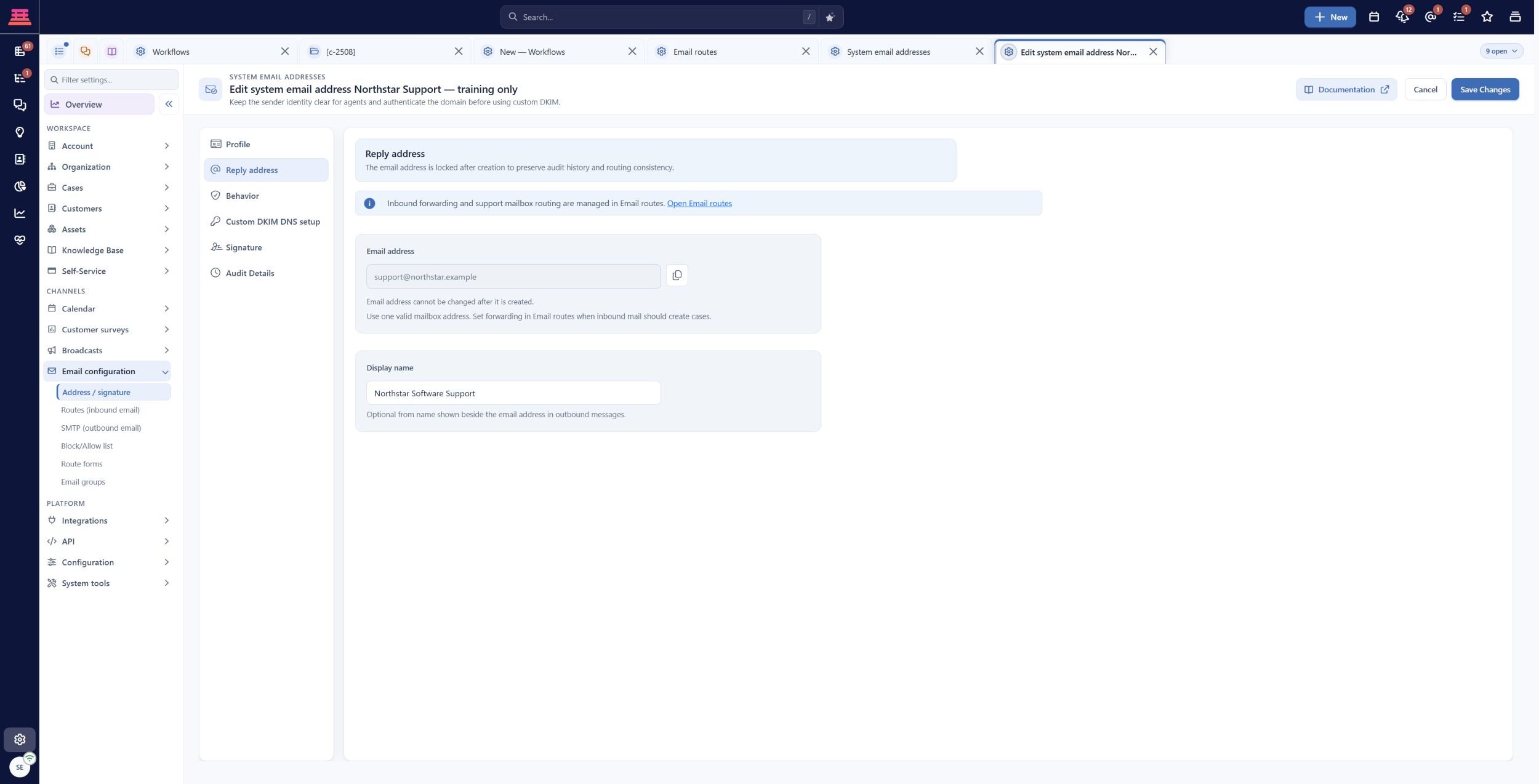 Saved fictional reply address support@northstar.example with the Northstar Software Support display name. It is inactive and cannot deliver mail.