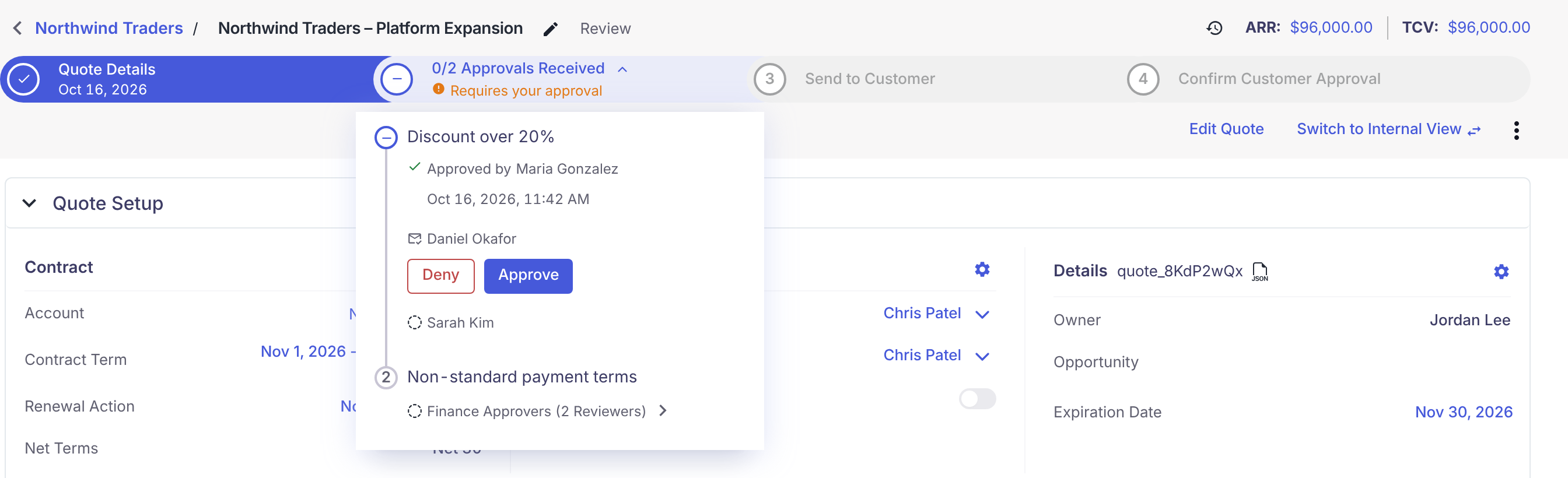 An approver's view when it is their turn Quote viewed by the approver Daniel Okafor. The progress bar shows "0/2 Approvals Received" with an orange "Requires your approval" label. The approval list shows Maria Gonzalez's approval, then Daniel Okafor with red-outlined Deny and blue Approve buttons beneath his name.