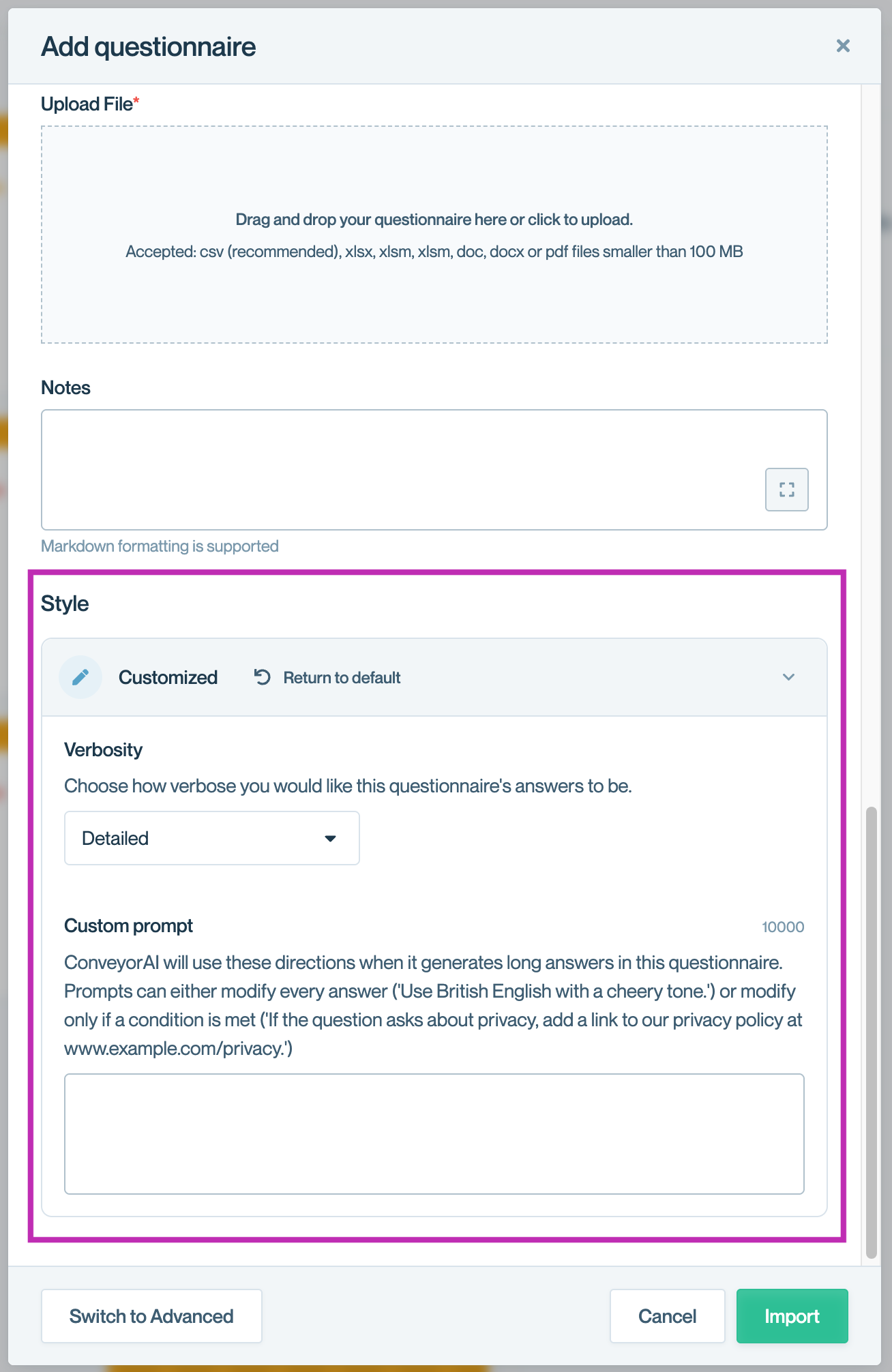 Admins can provide custom instructions (custom prompt) for Security Questionnaires and RFPs via Organization Preferences