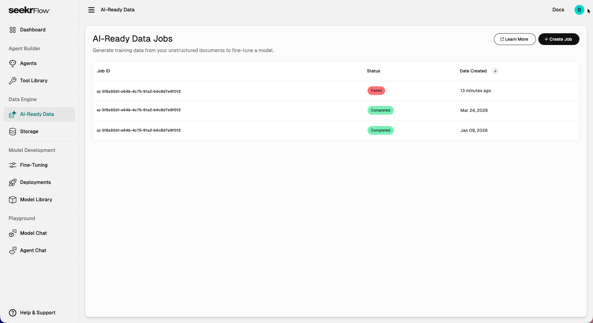 AI-Ready Data Jobs list view showing job IDs, statuses, and creation dates.