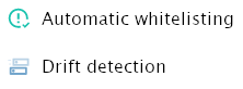 Explanation of two icons: a circle with a checkmark indicating automatic whitelisting, and two blue boxes offset from each other indicating drift detection.