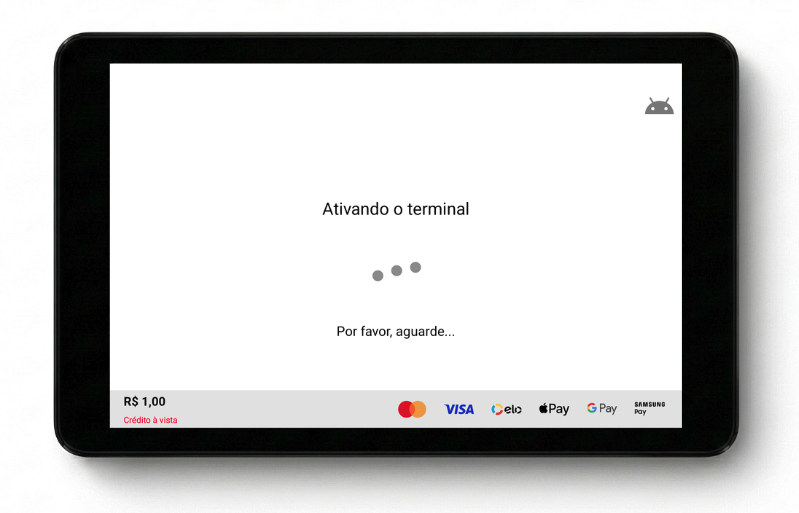 Tela do SDK Tap on Phone em orientação landscape em um tablet, exibindo a mensagem Ativando o terminal com bandeiras de cartão no rodapé