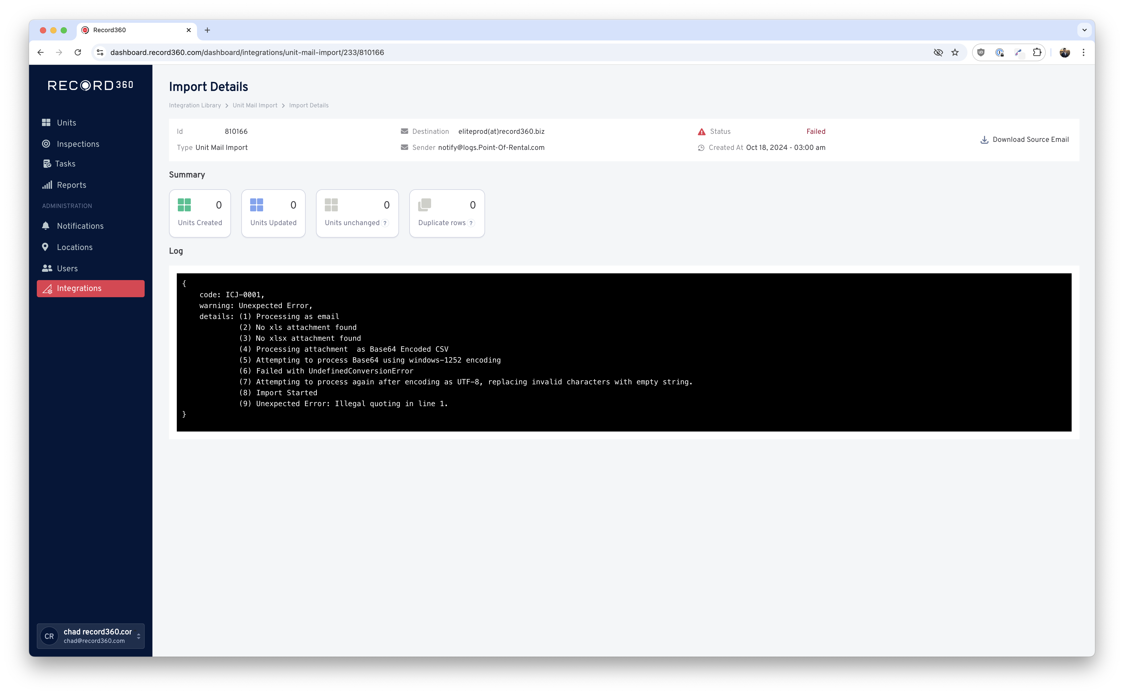 Import with an invalid CSV format