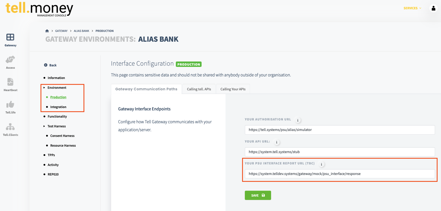 PSU Interface Report URL can be submitted within the Environment page