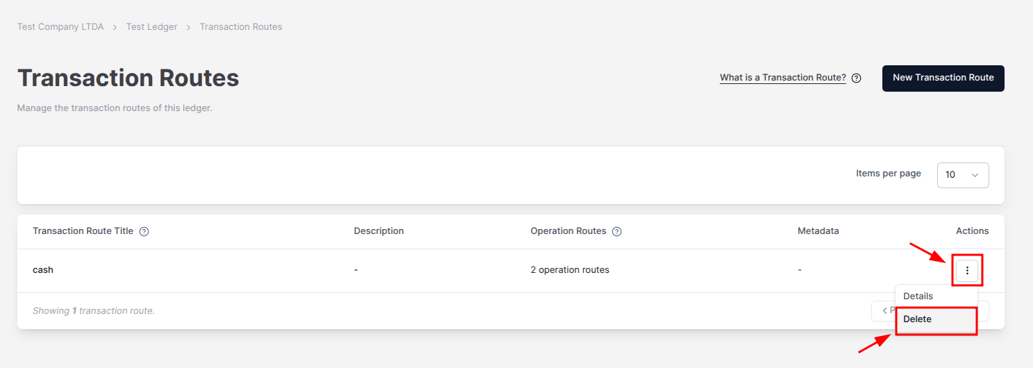 Figure 1. The option to delete a Transaction Route on the Actions menu.