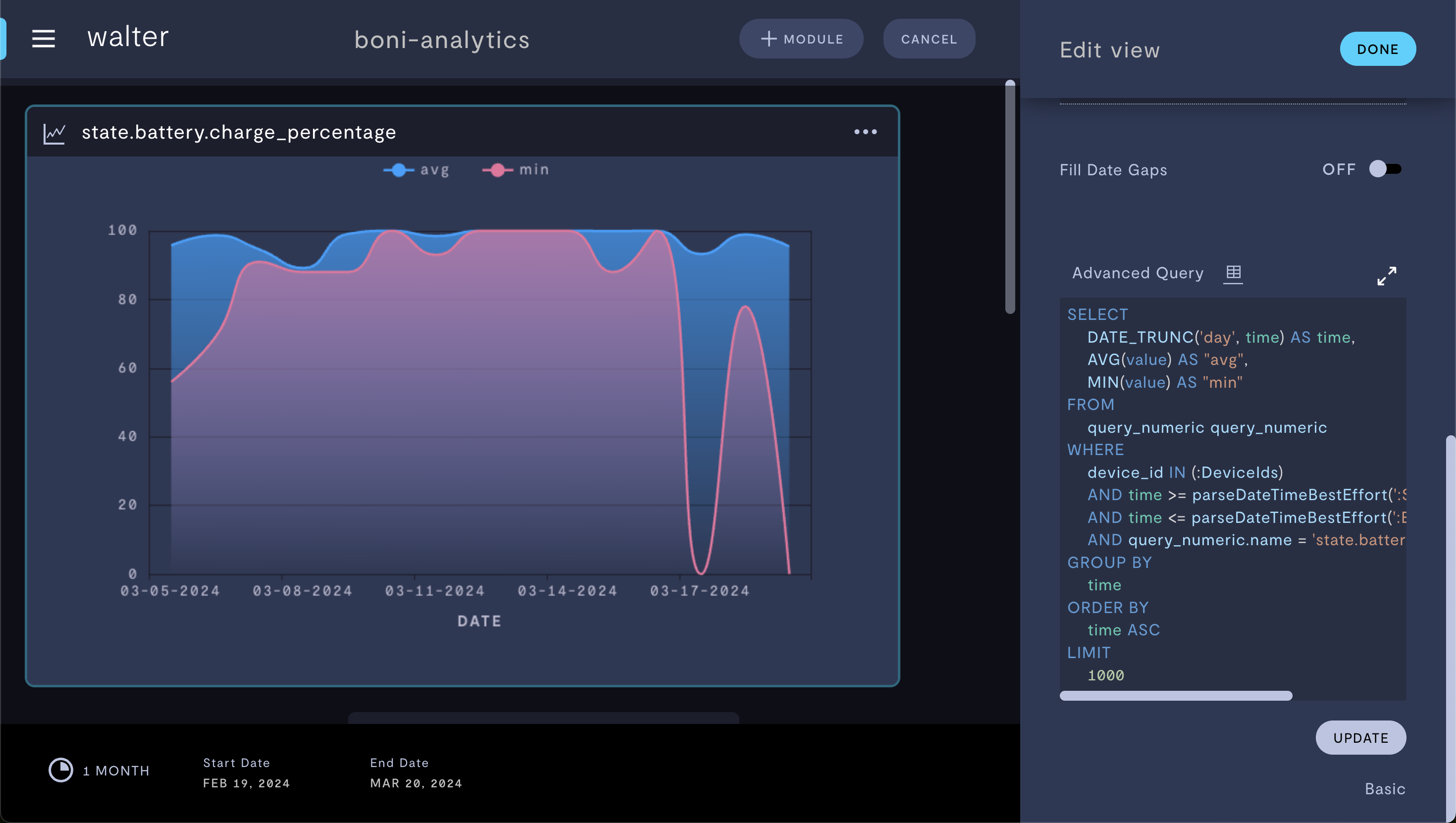 Advanced query with both minimum and average battery percentage values.