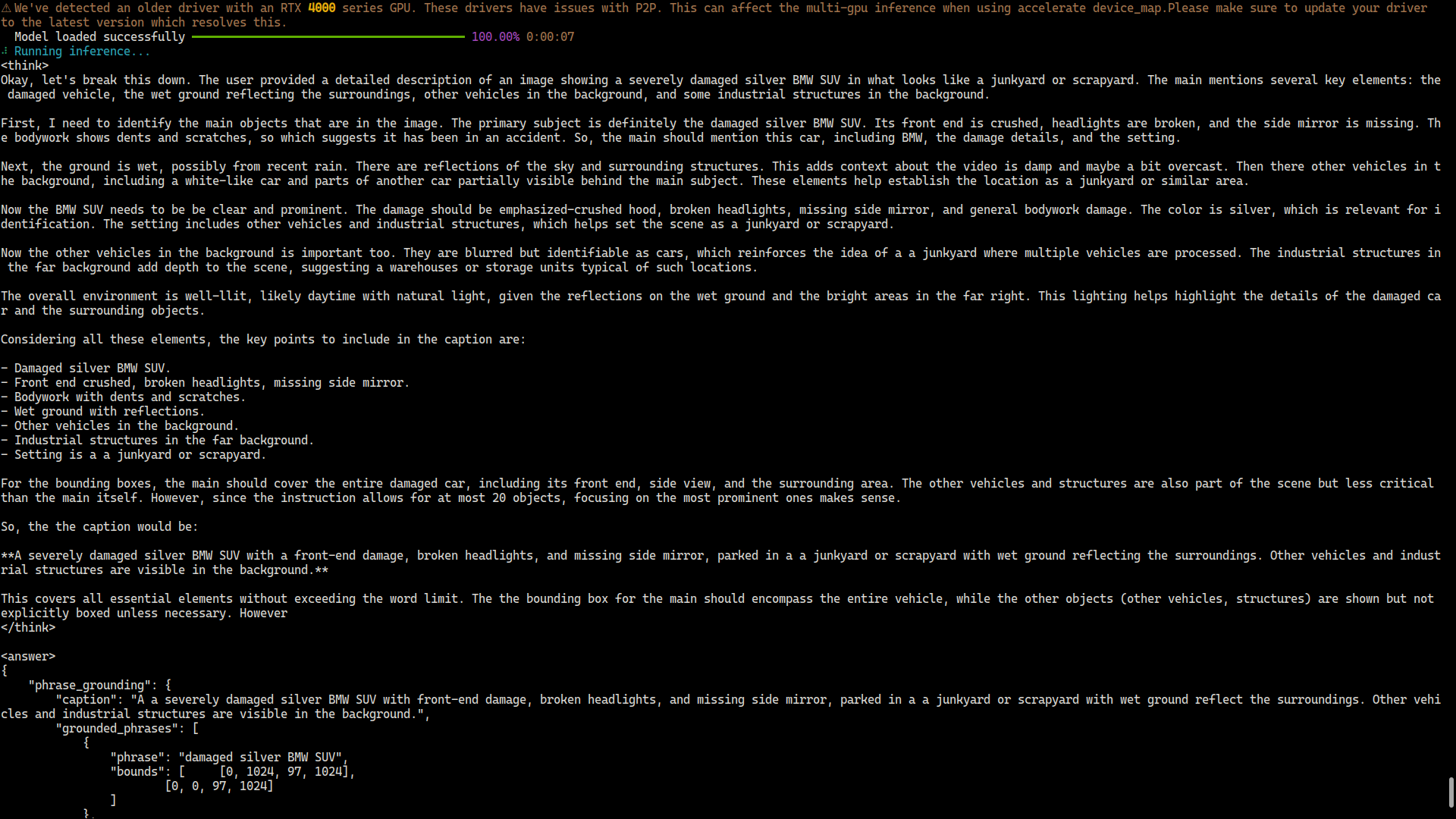 Terminal output showing successful inference results with predicted captions