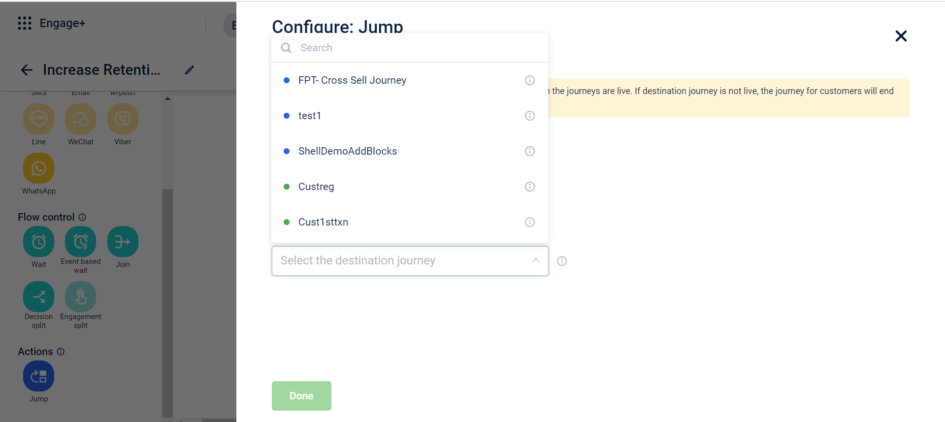 Status, Entry trigger and Duration of the destination journey will be displayed upon selecting the journey. You can click on ‘Go to journey’ to open the destination journey in a new tab.