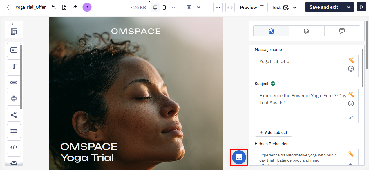 Built-in support chat icon highlighted in the editor