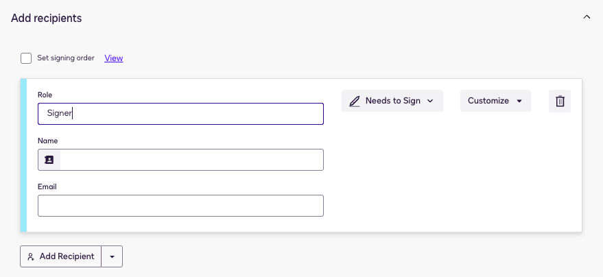 DocuSign “Add recipients” panel showing fields for Role, Name, and Email. The role “Signer” is entered, and the recipient is set to “Needs to Sign.”