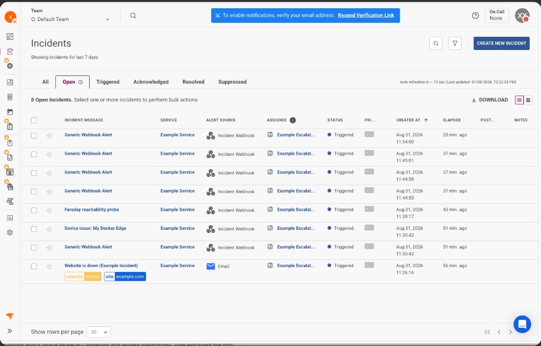 The SolarWinds Incidents list showing entries with Alert Source set to Incident Webhook
