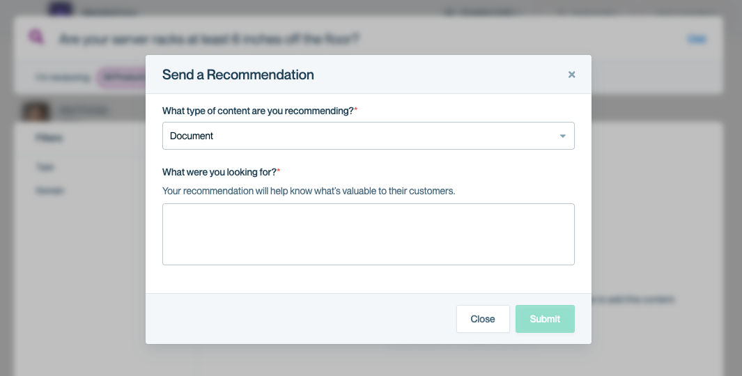 The Suggestion modal. Suggestion modal where users can provide feedback.
