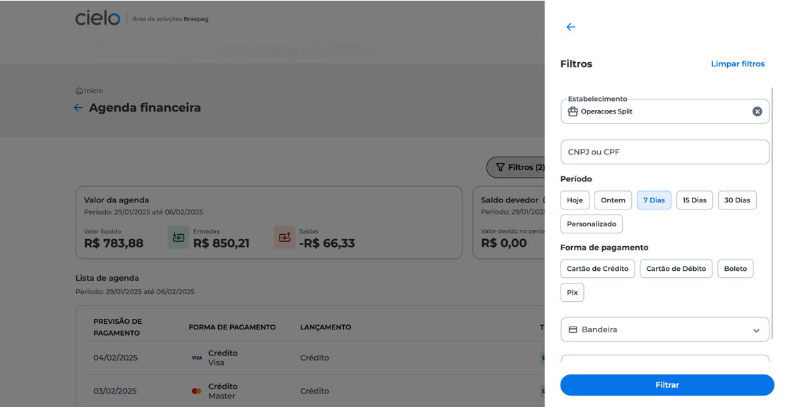 Filtro da agenda financeira