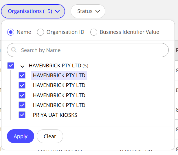 The Organisations filter showing the organisation level and child merchant sites.