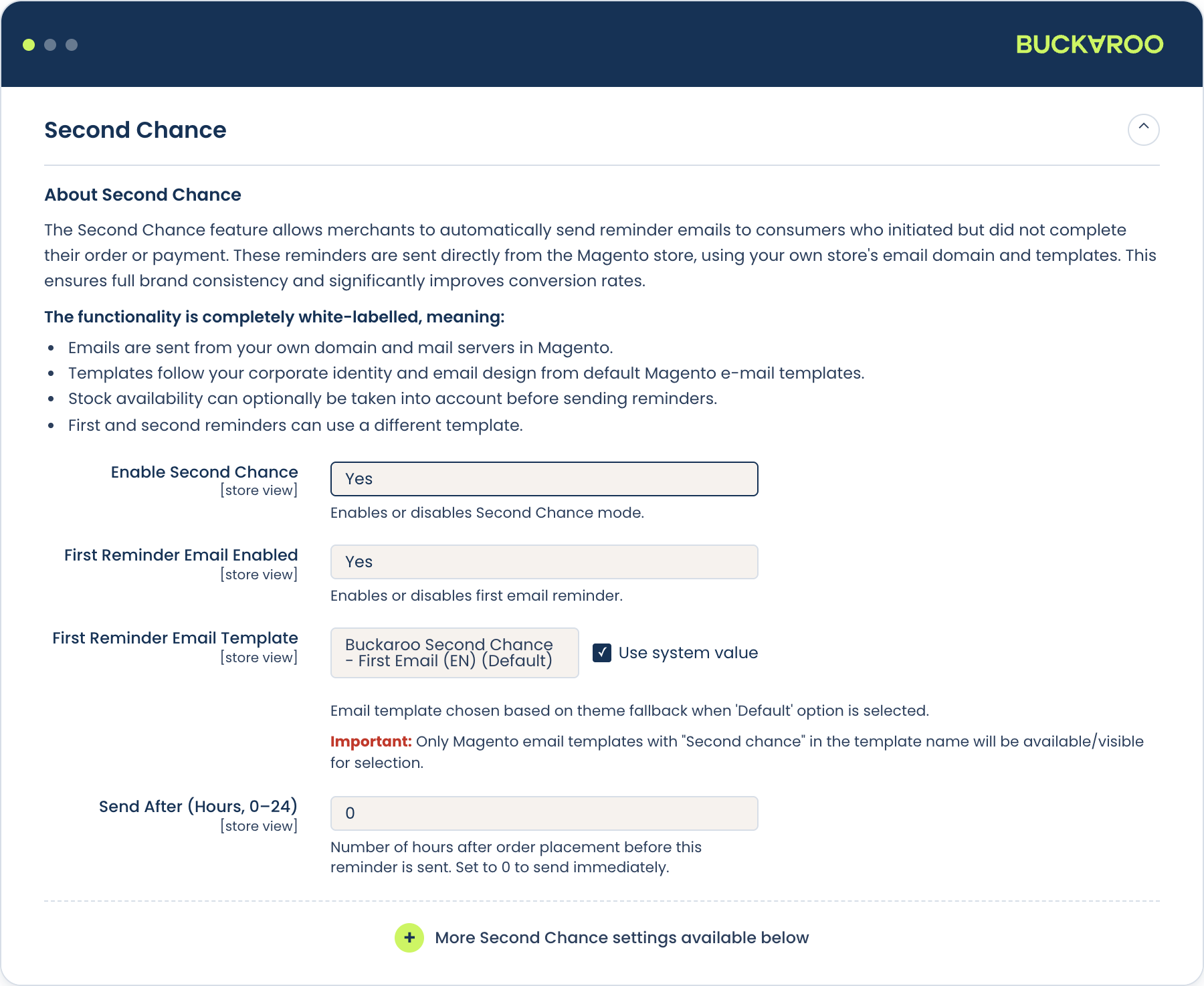 Magento 2 second chance settings example