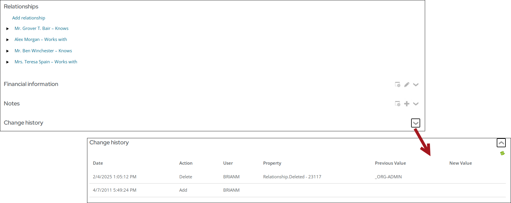 Expanding the change history log
