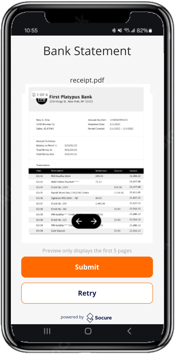 Document Preview: Prompts the consumer to confirm that the uploaded secondary document information is correct. The consumer can then either retry the upload or submit it.