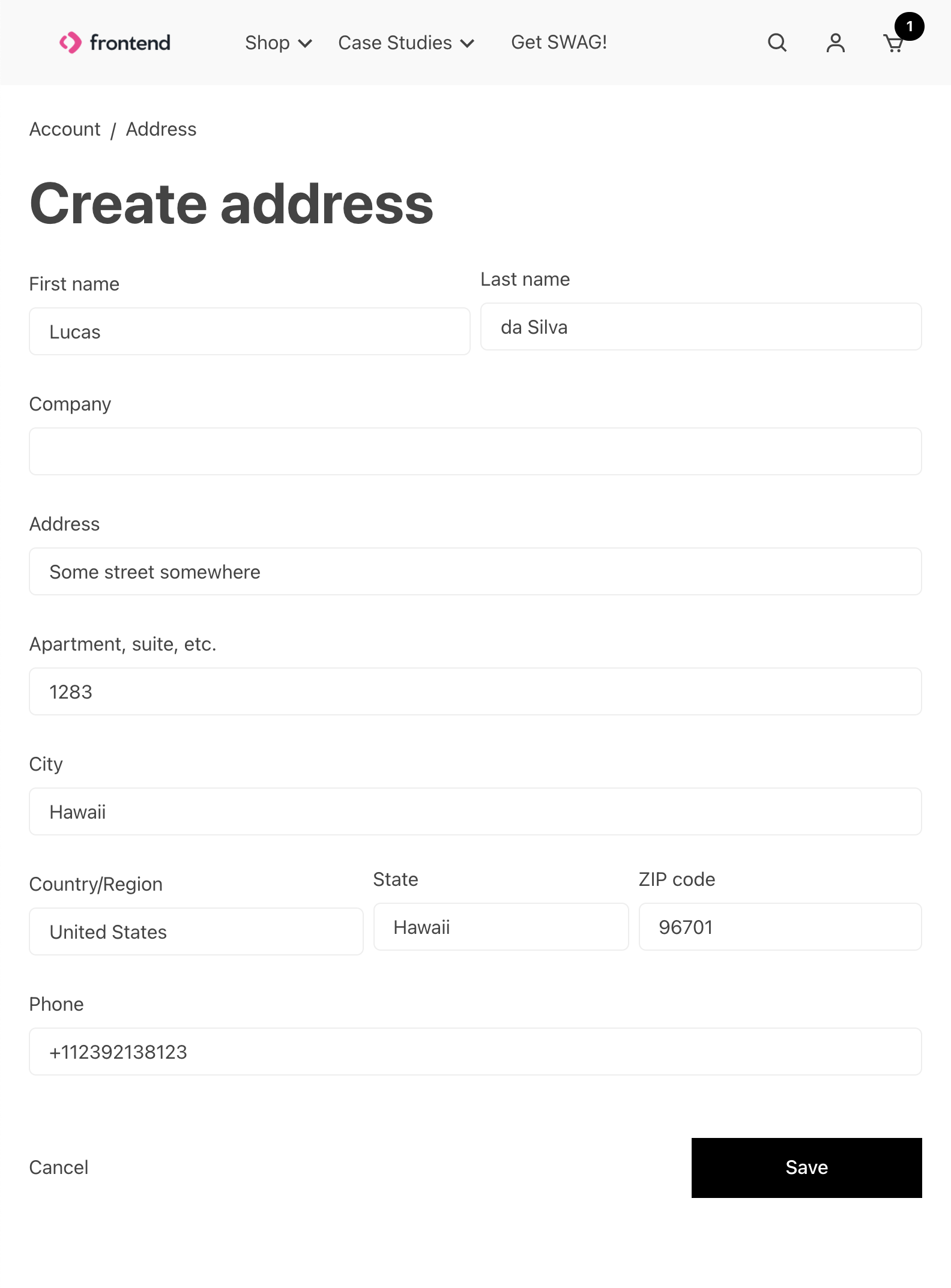 Address page example, adding a new address