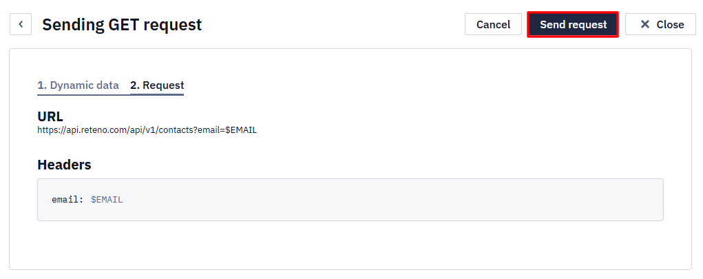 Sending GET request dialog on the Request step showing the resolved URL and headers, with the Send request button highlighted