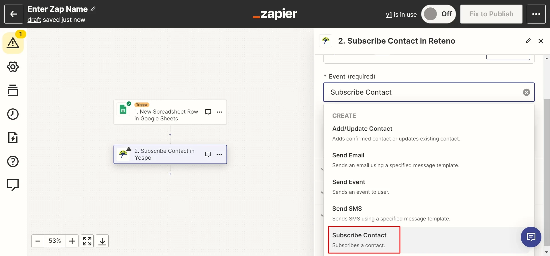 Zapier action event list for Yespo with the Subscribe Contact option highlighted