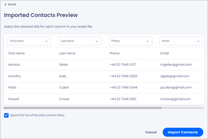 Screenshot of the **Imported Contacts Preview** page with the **Ignore first line of the table** option selected