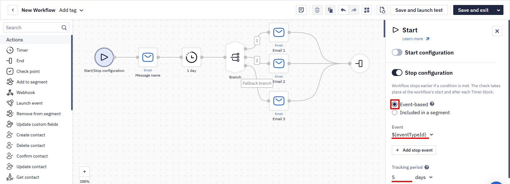 Start block settings with Event-based selected, the Event field set to ${eventTypeId}, and Tracking period set to 5 days.