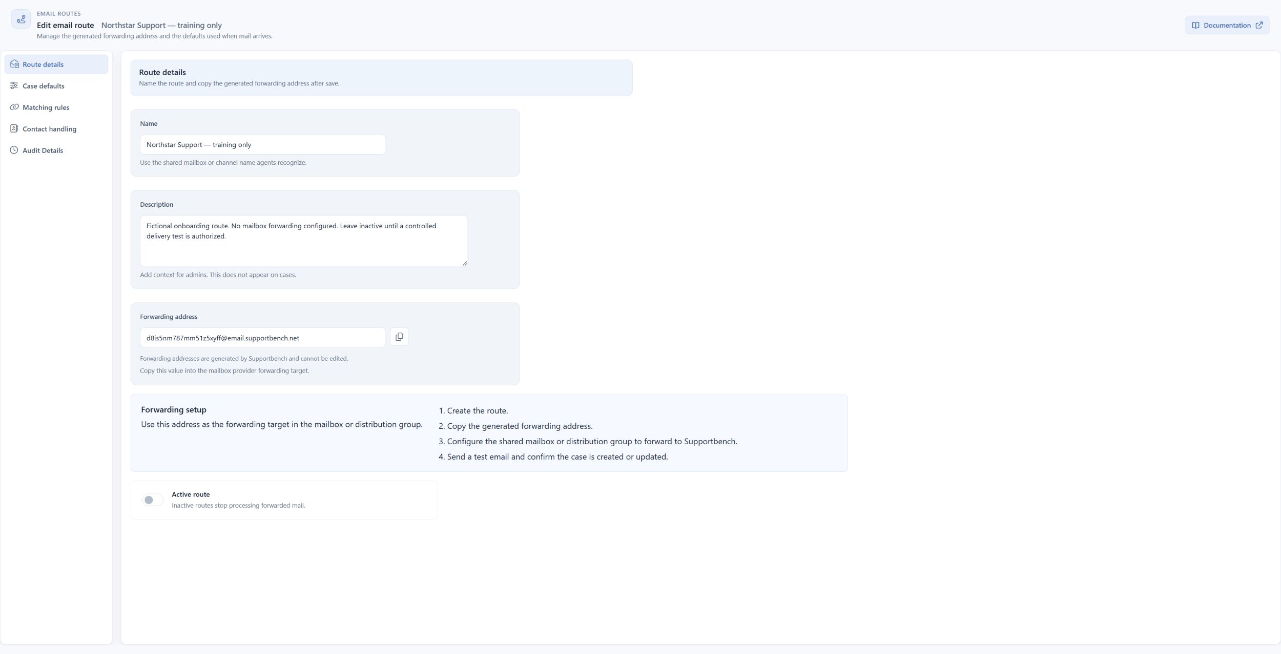 Saved inactive Northstar training route. Do not copy its generated address into a real mailbox.