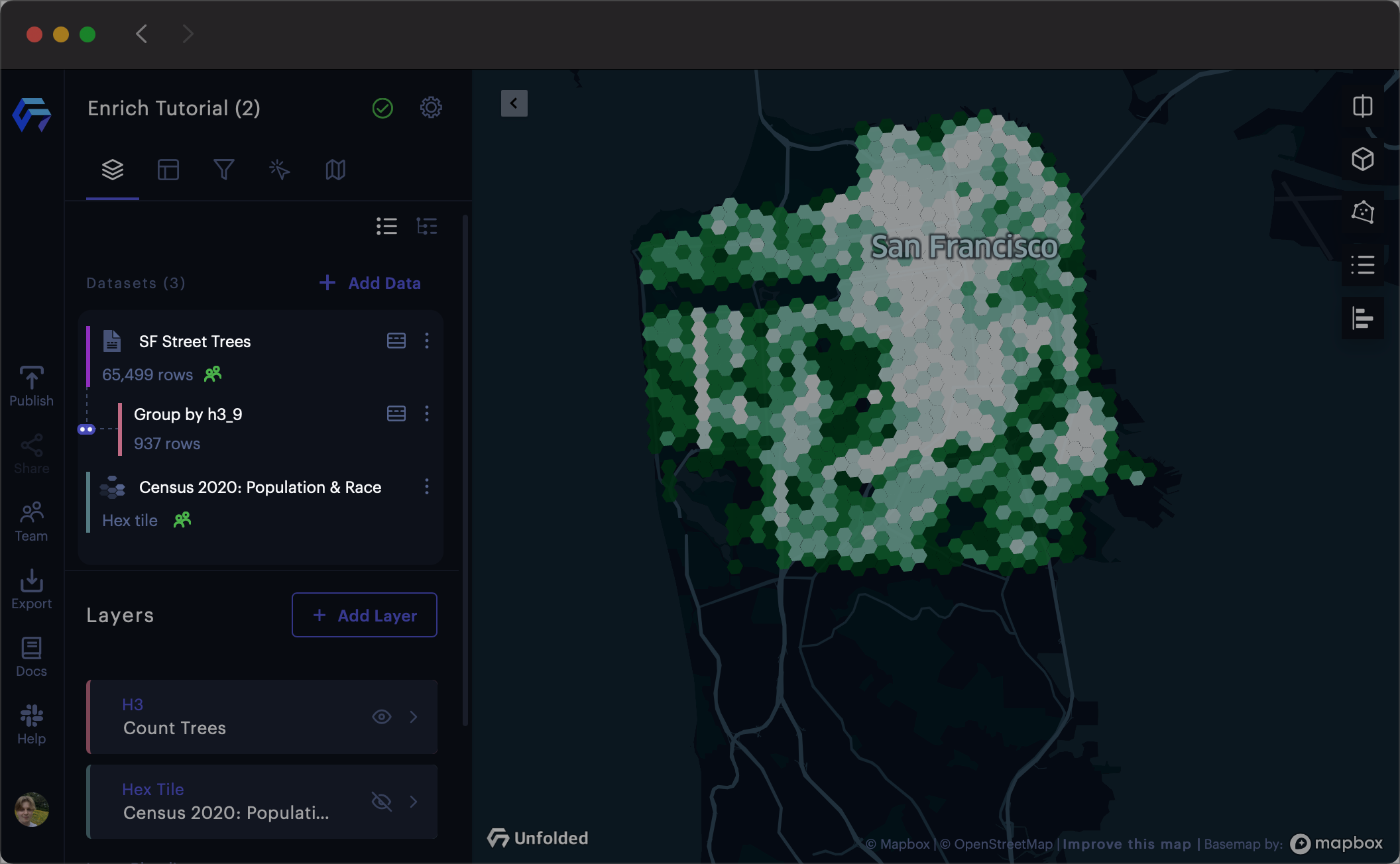 A Hex Tile dataset containing income data and a target dataset containing tree counts.