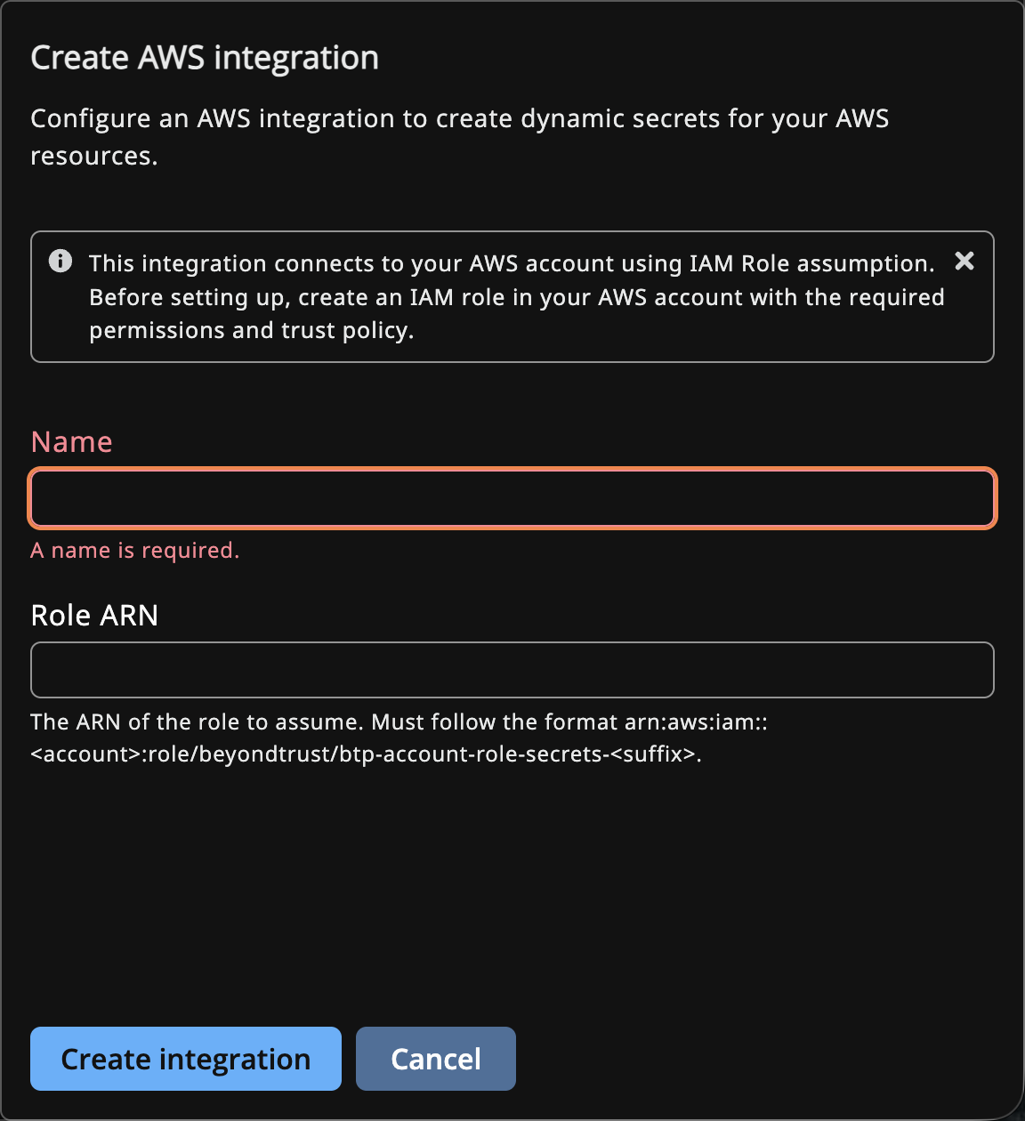 Create AWS Integration drawer with fields for Name and Role ARN