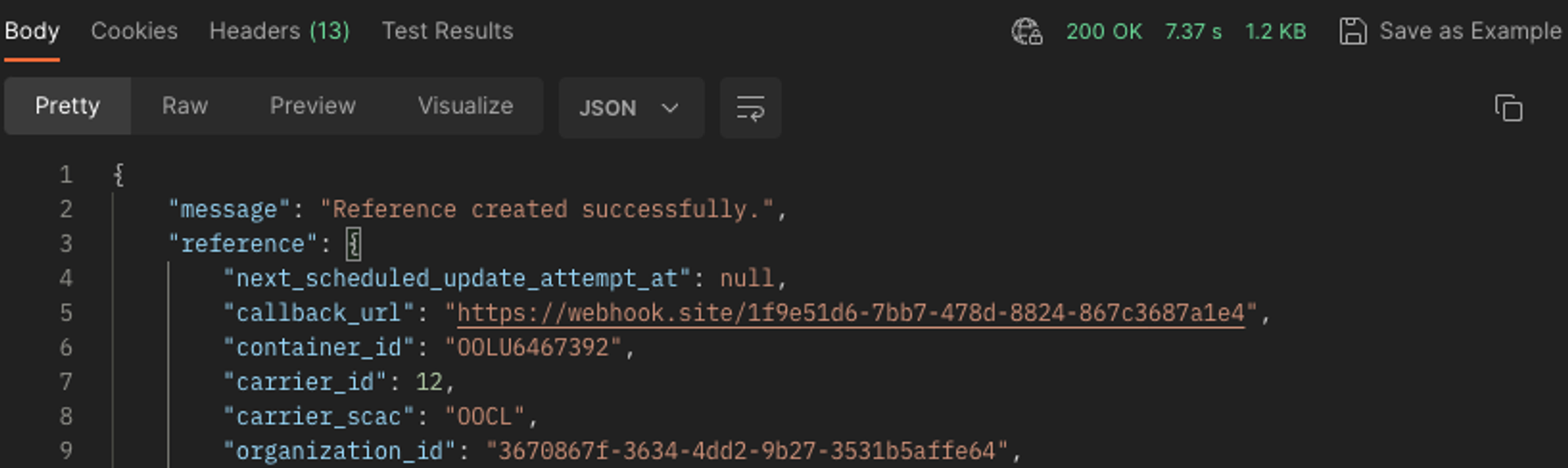 JSON returned with successful POST request in Postman