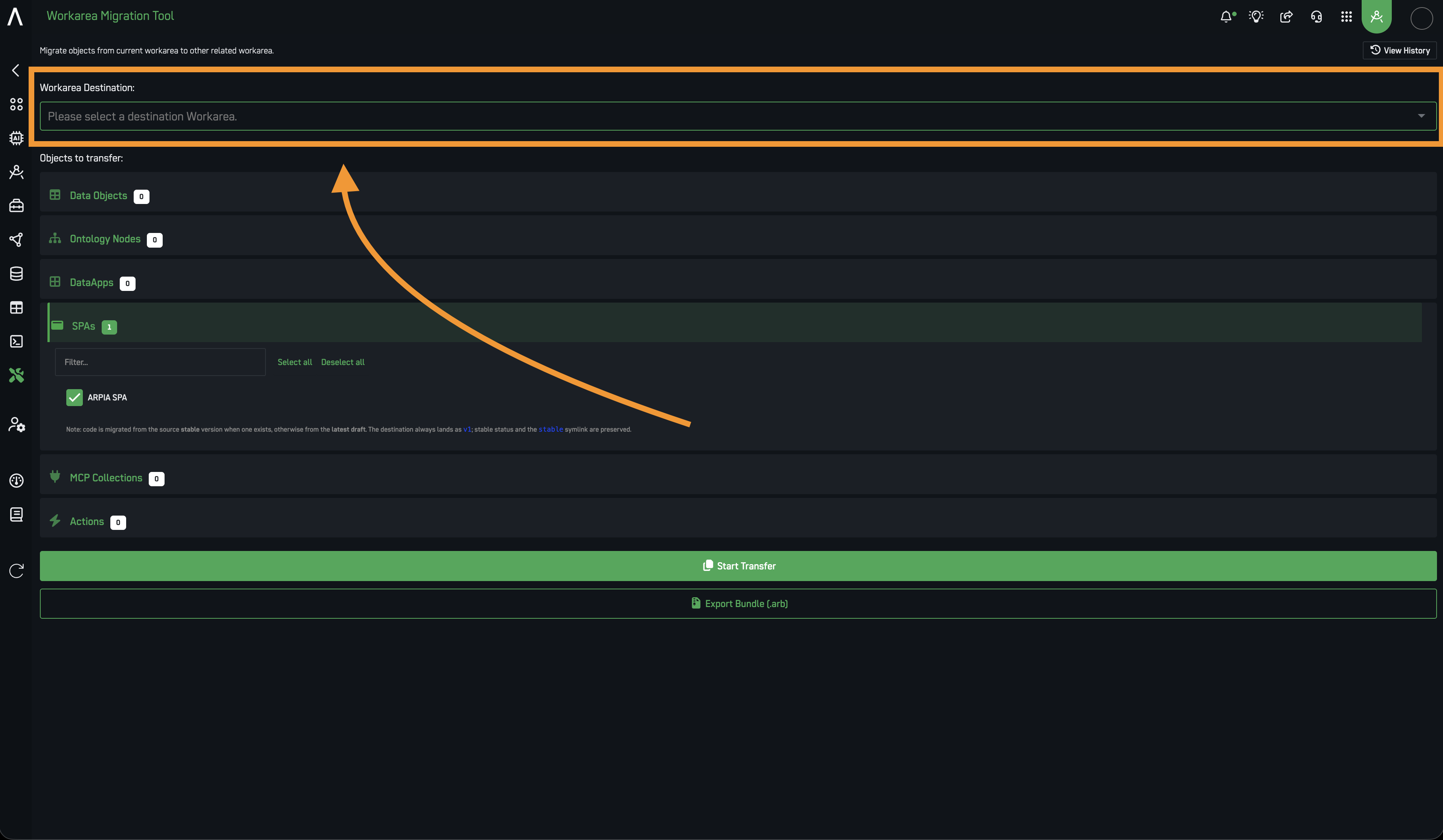 Workarea Migration Tool interface