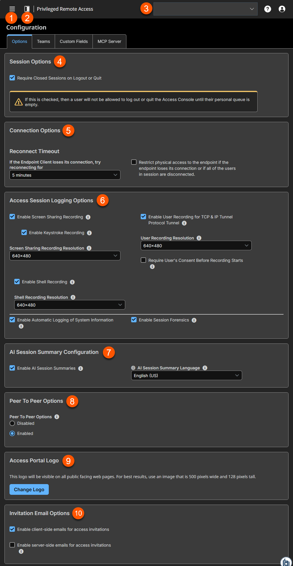 Configuration settings for Privileged Remote Access, showing options for session, connection, access session logging, peer to peer, access portal logo, and invitation email.