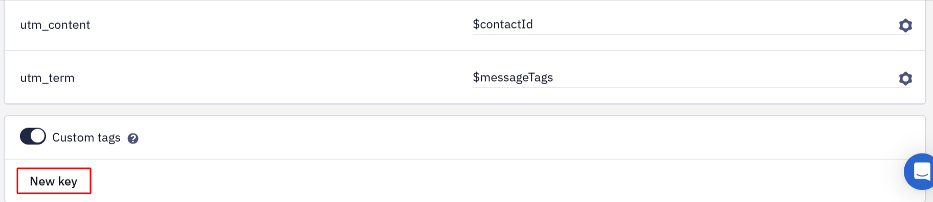 Additional tags slider and New key button for custom UTM parameters