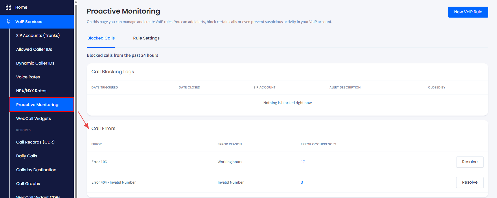 Screenshot of the Blocked Calls section