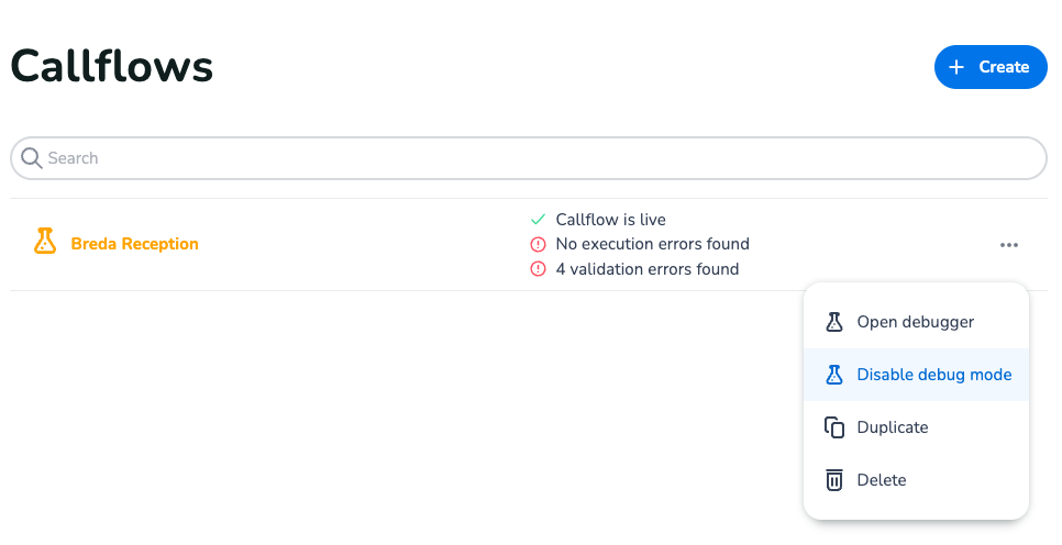 Location of the button to disable debug mode in the callflows overview page.