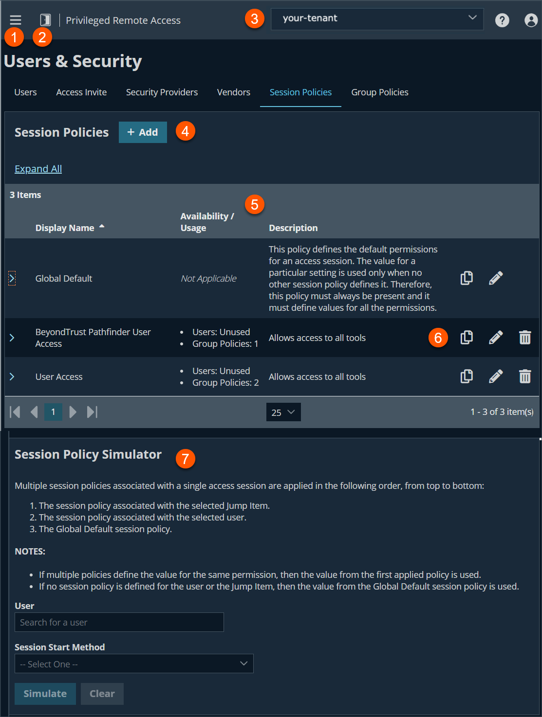 An image of BeyondTrust Privileged Remote Access interface showing the 'Users & Security' page with the 'Session Policies' tab selected. The page includes a '+ Add' button and a table listing session policies with columns for Display Name, Availability/Usage, and Description. Listed policies include 'Global Default,' 'BeyondTrust Pathfinder User Access,' and 'User Access,' each with icons for editing, copying, and deleting. A 'Session Policy Simulator' section at the bottom explains how policies are applied in order and includes fields to search for a user and select a session start method.