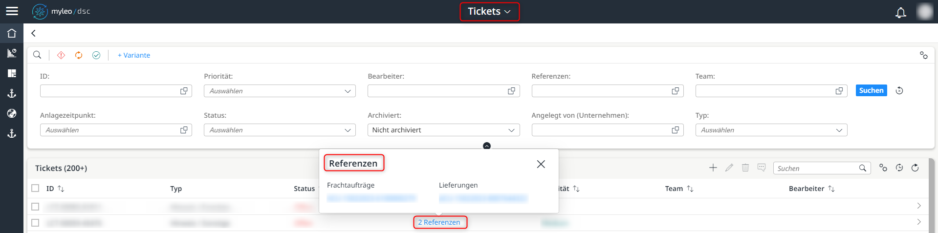 Anzeige der Referenzen innerhalb der Tickets-Worklist