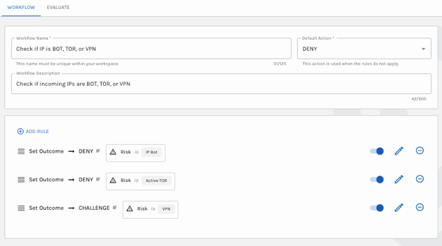 Sample Workflow to Deny BOT and TOR IPs and Challenge VPNs