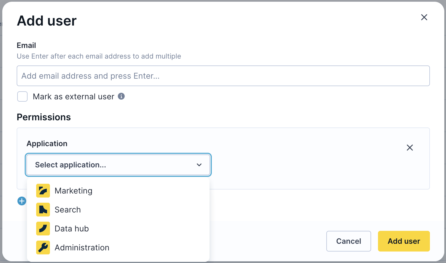 User addition dialog showing application selection with options for Administration