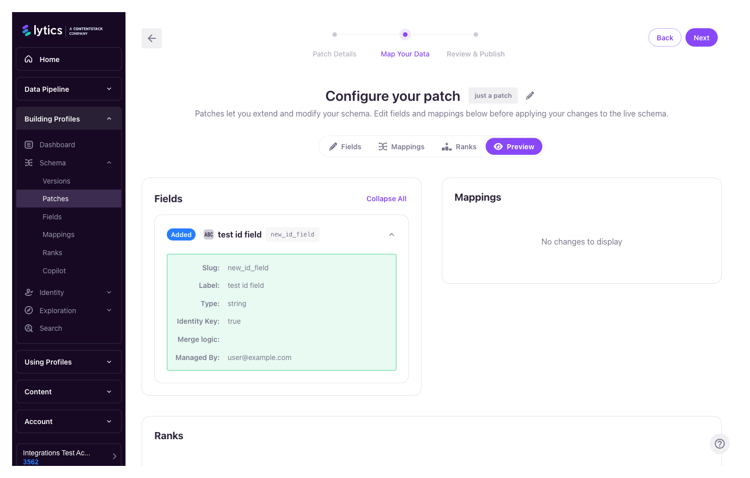 Patch editor — Preview tab showing a field added to the patch, with its slug, label, type, identity-key, and managed-by values