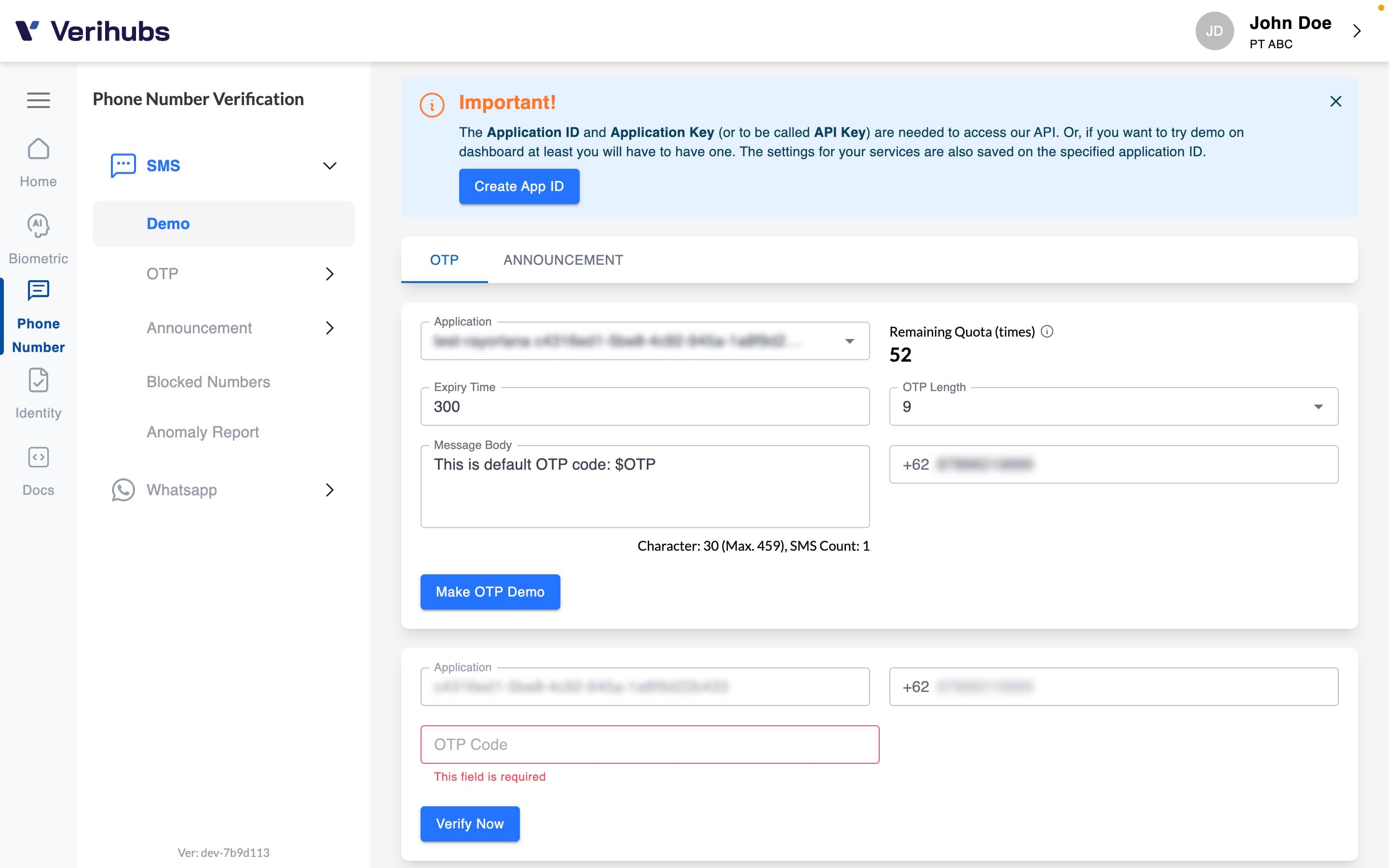 Verihubs Dashboard SMS OTP Demo