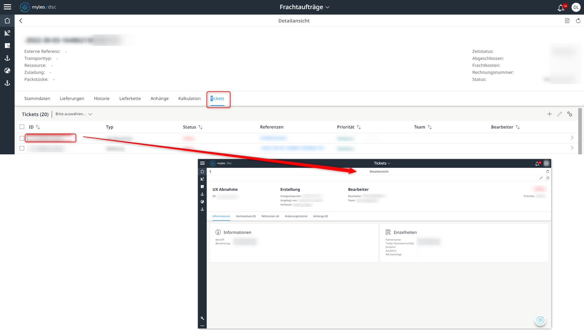 Abspringen in die Detailansicht des Tickets