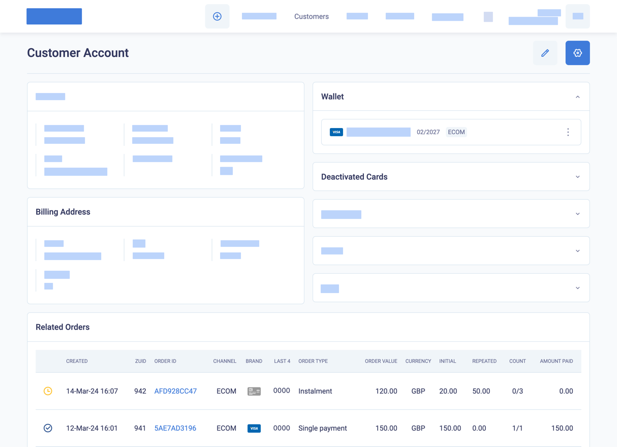 Customer account with a card and related orders