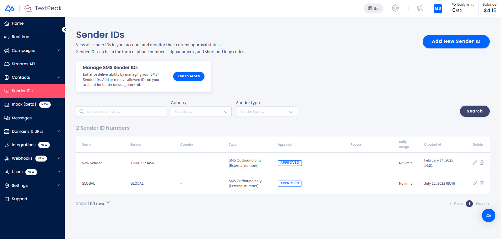 Screenshot of the Sender IDs menu tab