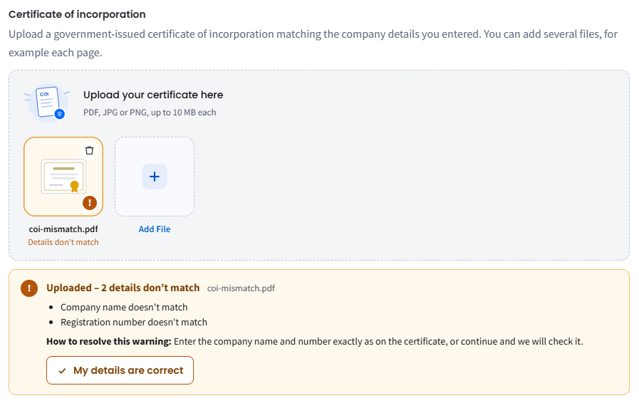 Screenshot of a certificate of incorporation marked Details don't match, with the list of mismatched details and the My details are correct button