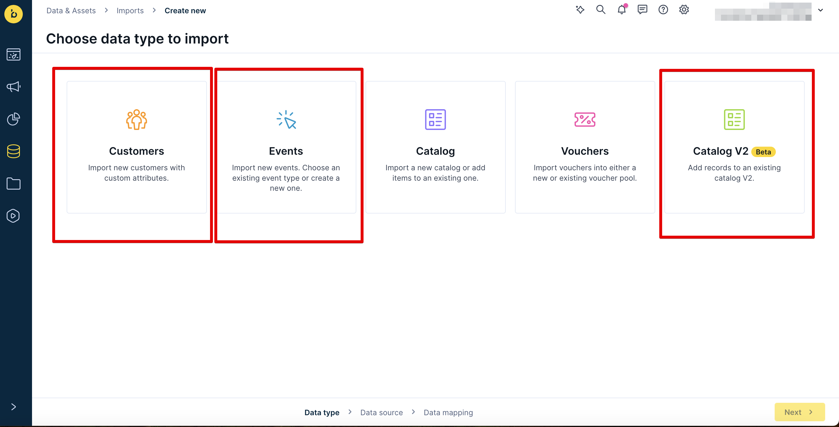 Data import type selection showing Customers, Events, and Catalog options